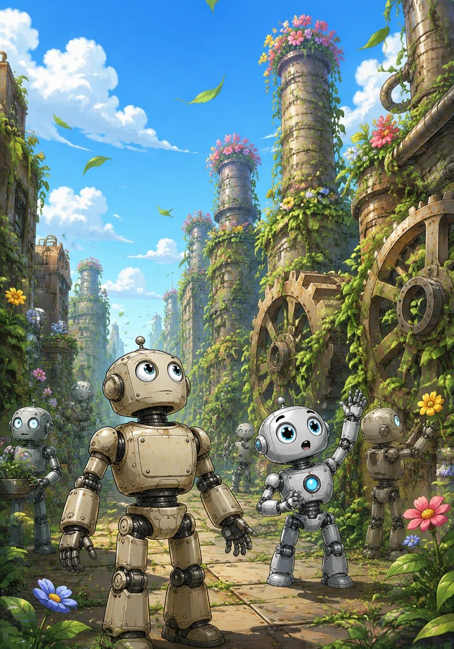 The transformation spread rapidly through the streets, with green vines winding around the gears and colorful flowers blooming from the old smokestacks. The heavy grinding of the city slowed down, replaced by the gentle rustle of leaves and the sound of the wind.