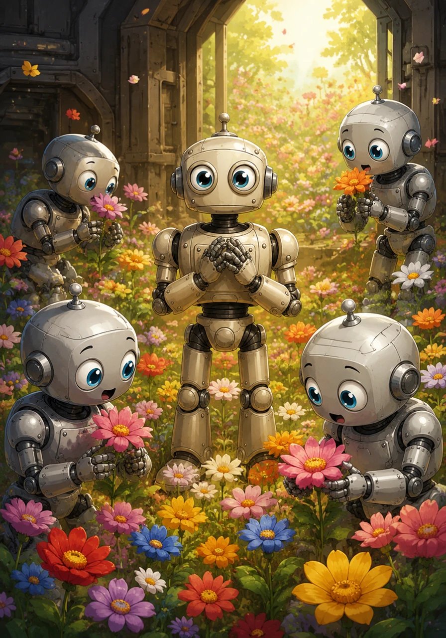 Other robots emerged from their dark stations, touching the soft petals and marveling at the vibrant colors they never knew existed. Oliver stood at the center of the change, feeling a strange, wonderful warmth in his mechanical heart.