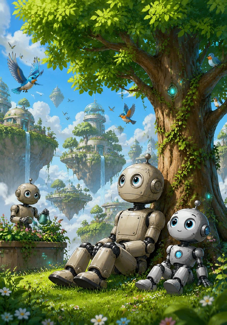 The grey city was now a lush, floating garden where technology and nature lived in perfect harmony. Oliver sat beneath the great emerald tree, watching the first birds return to a world that was finally, beautifully alive.