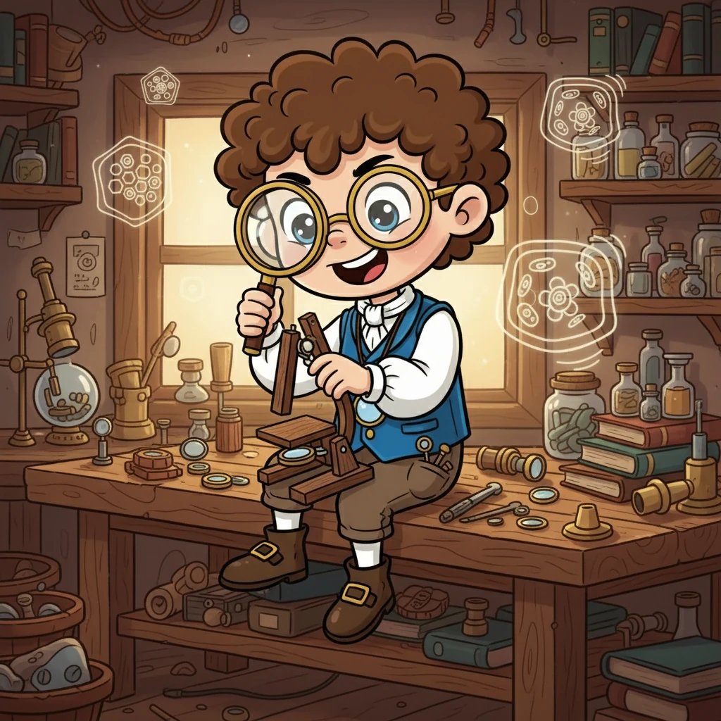 În timp ce Robert se gândea la o modalitate de a vedea lucruri mai mici, a auzit despre un om de știință, Robert Hooke, care a inventat un instrument magic: microscopul. Robert s-a simțit inspirat și a început să construiască propriul său microscop, folosind lentile și piese găsite.