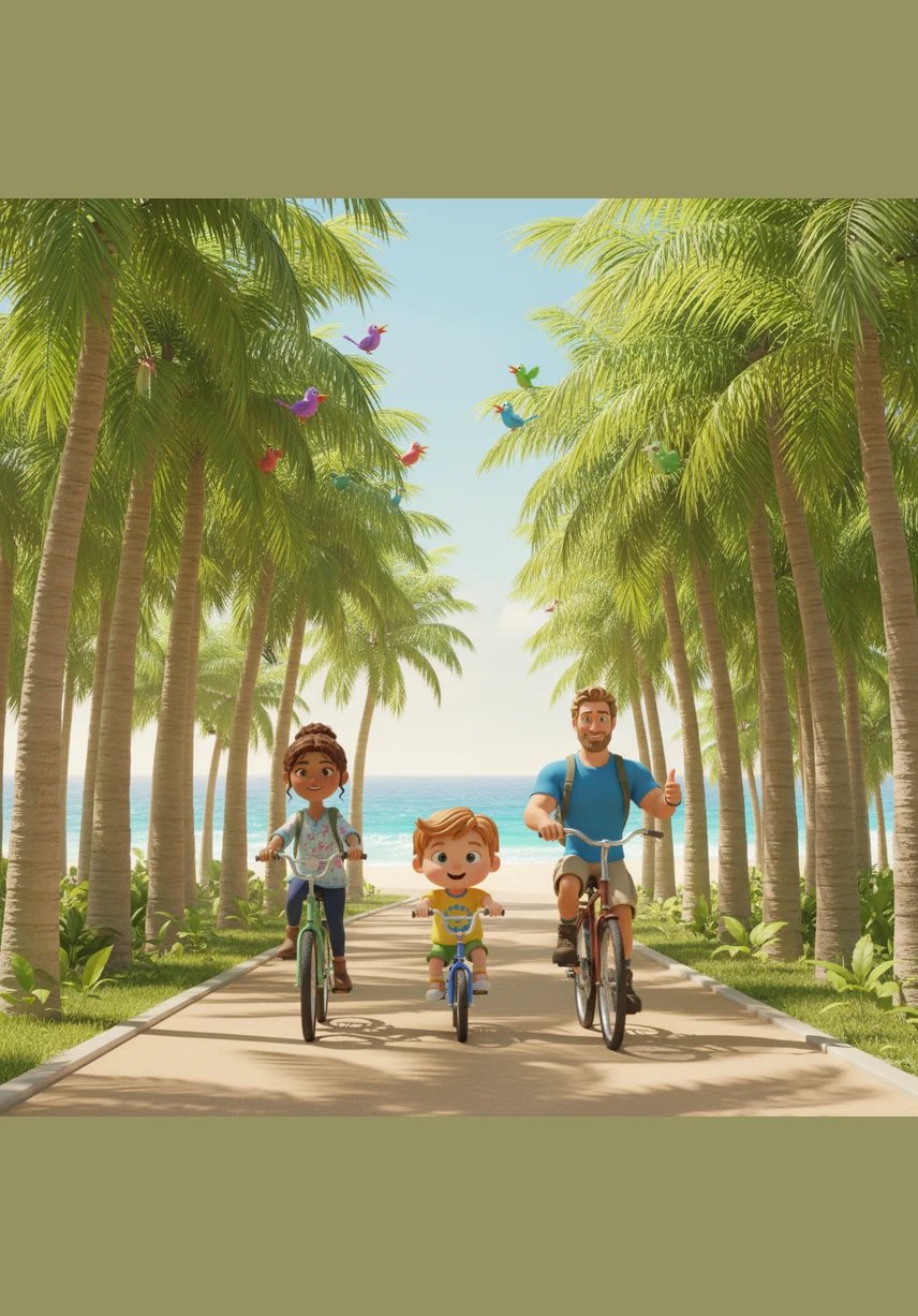 La bicicleta pedalea por un camino rodeado de altas palmeras y pájaros que cantan. A lo lejos, se empieza a escuchar el relajante sonido de las olas del mar.