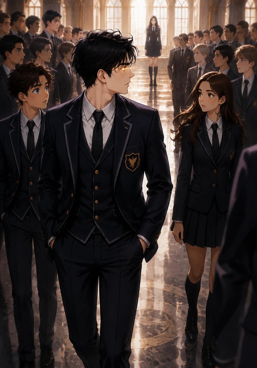 Inside the grand academy hall, a sudden hush fell over the crowd as Kael entered, flanked by his elite circle of Alpha peers. Ignored by none, Kael suddenly paused as his gaze inexplicably swept across the hall and locked onto Aira standing at the far end. For a fleeting second, his eyes shimmered with a faint golden glow, leaving him whispering a single curious question into the quiet room.