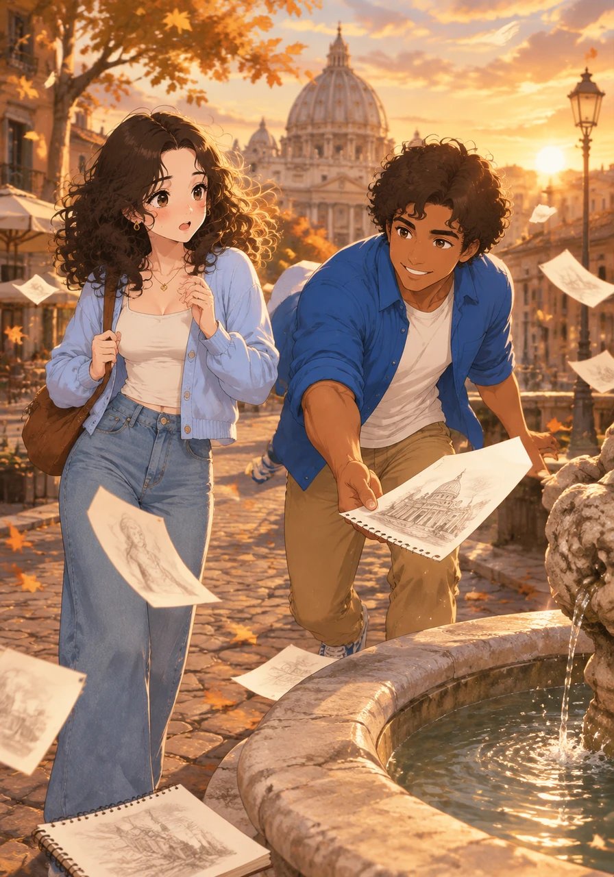 Martina walks along the cobblestone streets of Rome at sunset, her soft curls catching the golden glow of the autumn light. As she stops near an ancient fountain to admire the twilight reflection, a sudden breeze blows her sketchpad pages into the air. Alex steps into view, reaching out effortlessly with his dark hands to catch a fluttering drawing before it hits the fountain water.