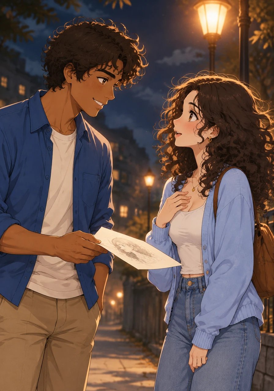 When their eyes meet, time seems to stop completely under the warm streetlight. Alex hand-delivers the sketch, his dark curly hair beautifully wild in the evening wind and his rich brown eyes shining with immediate warmth. Martina blushes, struck by the instant, undeniable electricity that arcs between them in a single breathless second.