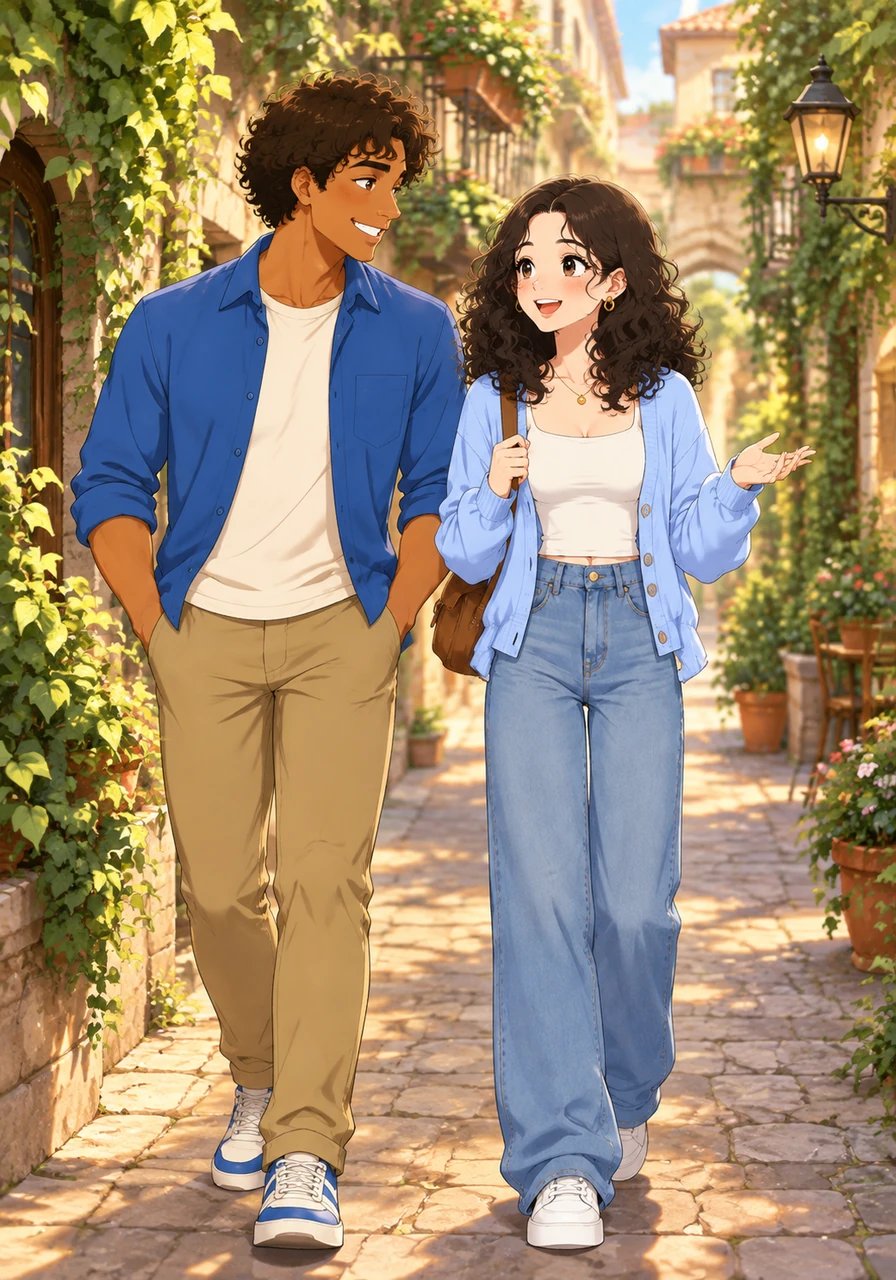 They stroll together down the glowing alleyways, discovering how effortlessly their conversation flows despite coming from different corners of Europe. Alex shares warm stories of his vibrant home in Southern Spain, while Martina speaks fondly of her picturesque towns in Slovakia. Every shared laugh under the ivy-draped balconies feels like finding a piece of home in a foreign city.