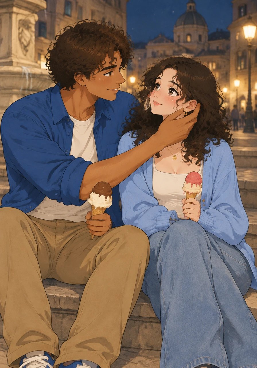 Later that night, they sit on the marble steps of a quiet piazza with gelato melting in their hands, lost in deep conversation. Alex gently tucks a wild ringlet of Martina’s dark curly hair behind her ear, his lingering touch causing her heart to beat wildly. The chemistry between them is magnetic, making the rest of the bustling city fade into quiet background noise.