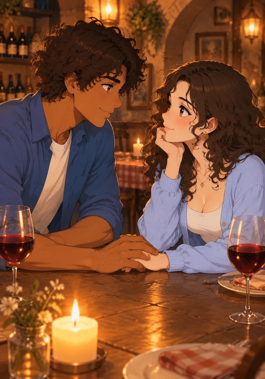 Over a candlelit dinner in a hidden trattoria, Alex gazes at Martina with an intensity that leaves her utterly breathless. He reaches across the rustic wooden table to fold his hand firmly over hers, promising that distance could never undo what they have found. The air around them crackles with undeniable passion and a deep, soul-stirring romance.
