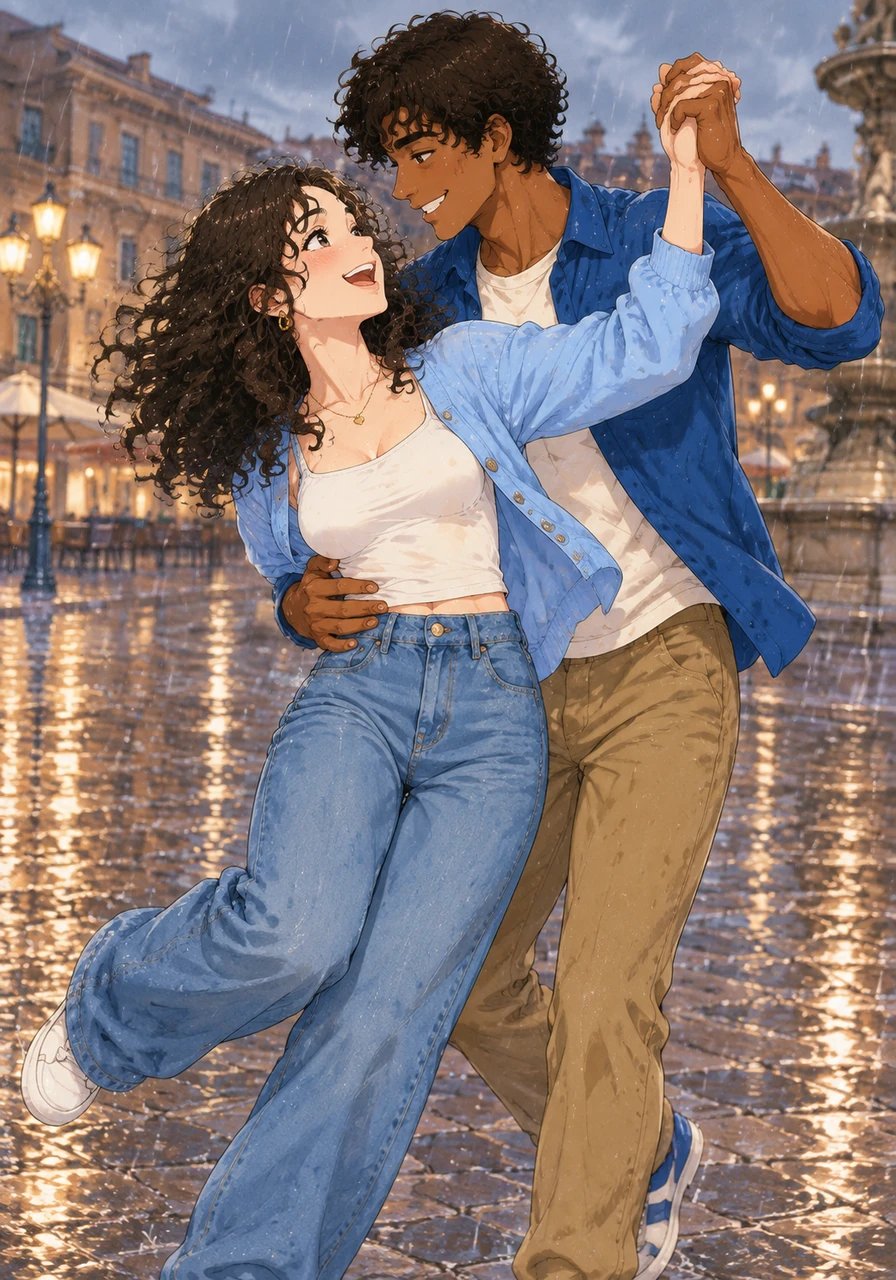 As a sudden rain shower begins to fall over the piazza, instead of running for shelter, Alex pulls Martina into a swirling dance right in the middle of the rain-slicked stones. Raindrops glisten on his dark skin and Martina’s dark curly hair as they laugh with pure freedom, holding each other tightly against the chill.
