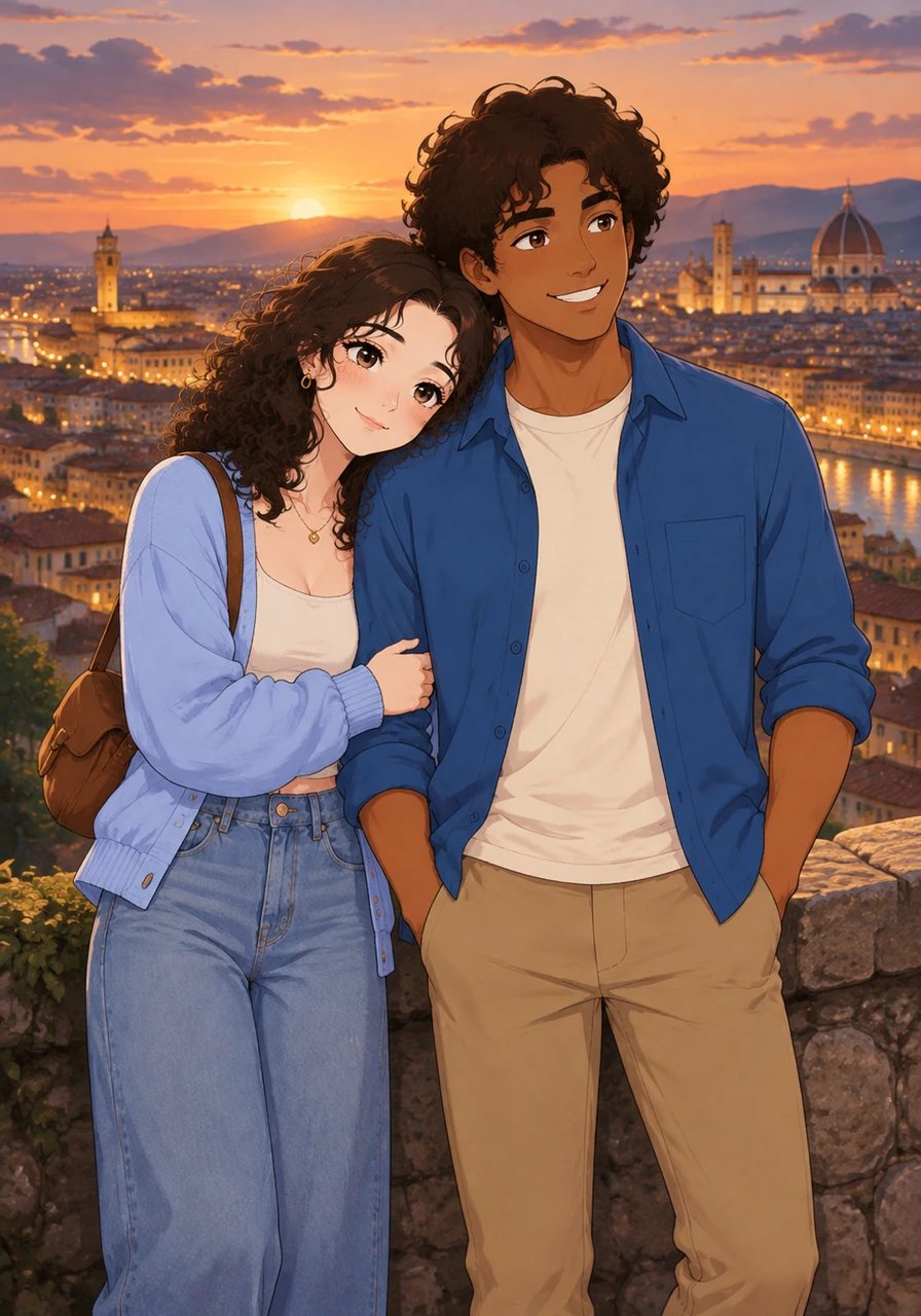 Standing together on a panoramic overlook as dusk settles over the city's ancient rooftops, they look out at the endless sea of warm glowing lights. Martina rests her head comfortably against Alex's shoulder, feeling the deep, steady rhythm of his heart beneath his coat. They both realize that this is not just a fleeting holiday romance, but the beginning of forever.