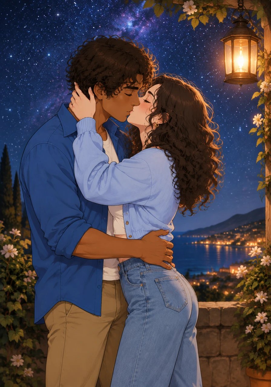 Under the magnificent canopy of stars, Alex turns Martina to face him, looking into her eyes with unwavering certainty and devotion. He whispers that his life only truly began the moment he caught her falling sketch, promising that wherever she goes, he will follow. Martina’s heart swells as she kisses him passionately beneath the romantic glow of the lantern.