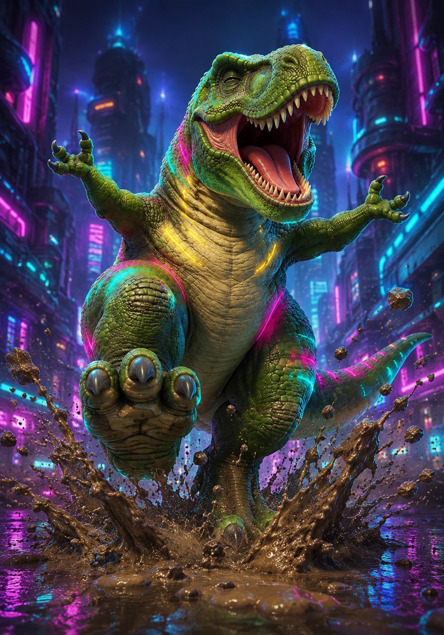 Rexy the green T-Rex loves to stomp his big, bumpy feet in the squishy mud. He makes a giant splash that sends gooey mud pies flying high into the sky.