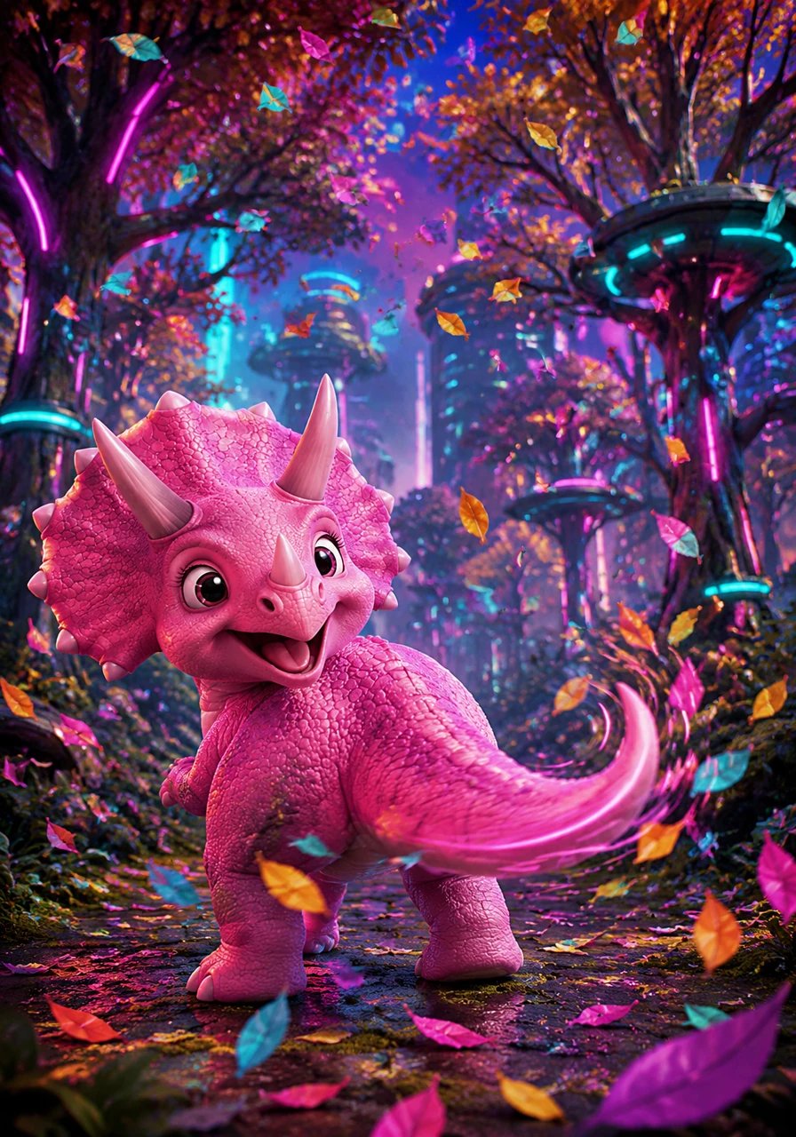 Suddenly, a pink Triceratops named Pip decides to wiggle her pointy tail. She wiggles so fast and so hard that she accidentally shakes all the colorful leaves right off the trees.