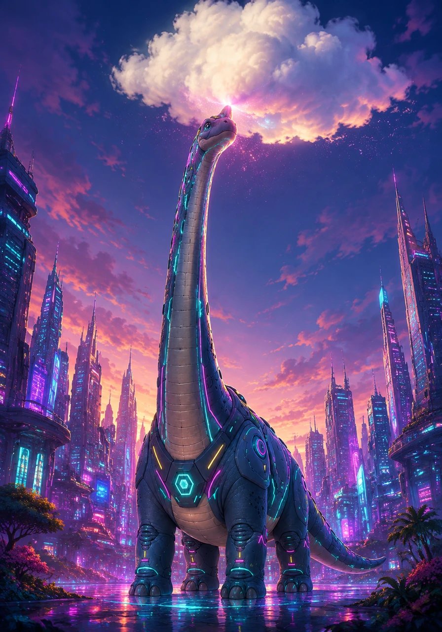 Look at the tall Brachiosaurus stretch his long, rubbery neck up to the clouds. He stretches so far that he gently tickles a passing puffy white cloud until it giggles.