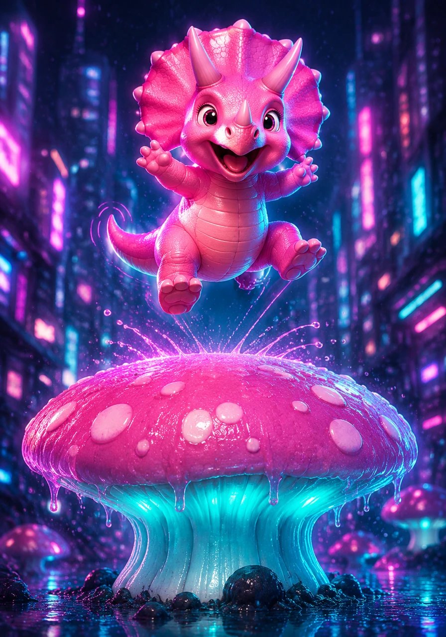 A tiny Stegosaurus loves to bounce on top of a big, squishy mushroom. She bounces higher and higher like a little trampoline champion, shouting wheee!