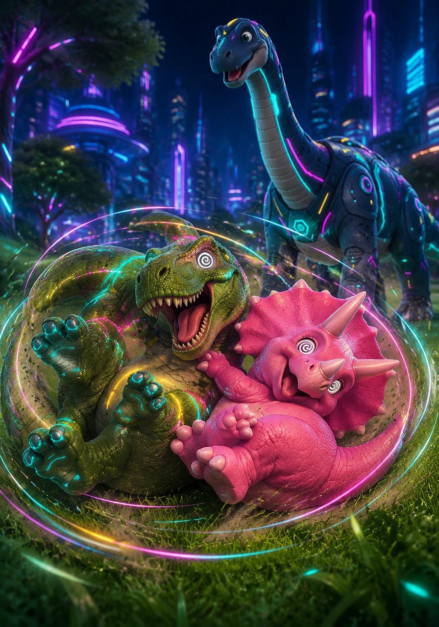 Two goofy raptors decide to spin around and around in circles on the soft green grass. They spin so fast that their eyes go dizzy and they flop down in a happy heap.