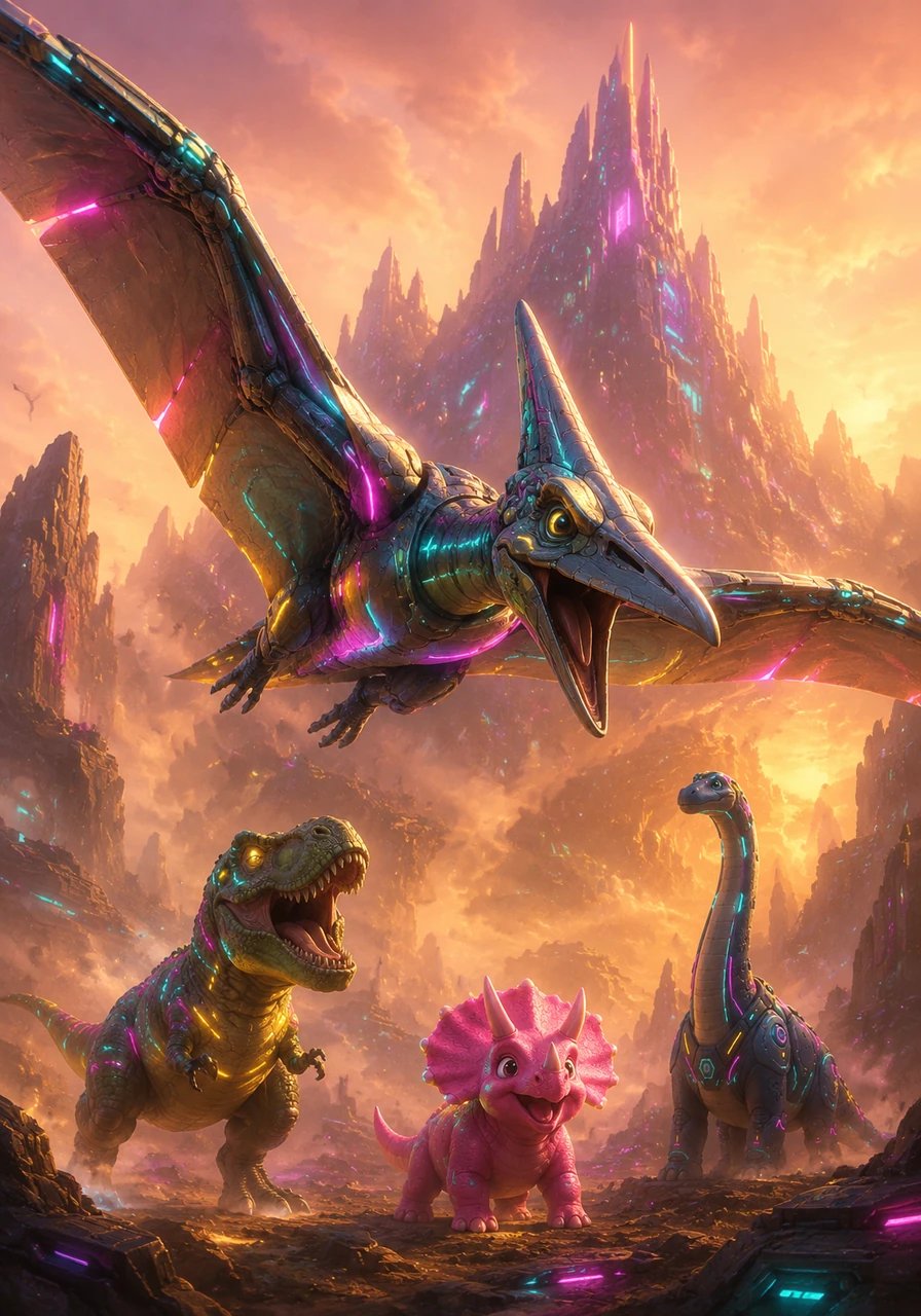 A shiny Pterodactyl swoops down from the mountain to glide through the warm air. He holds his wings out wide, pretending to be a big, noisy airplane.