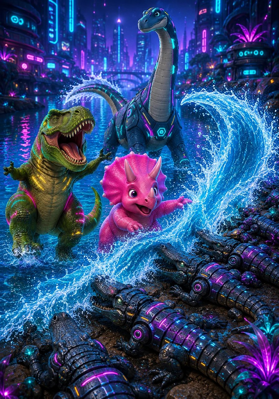 Down by the sparkling blue river, Rexy and his friends love to splash the sleepy crocodiles. They use their big tails to make giant waves that go whoosh.