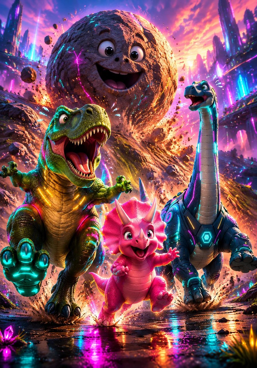Oh no, it is time to run! The silly dinosaurs sprint across the valley because a giant, friendly rock is rolling down the hill behind them.