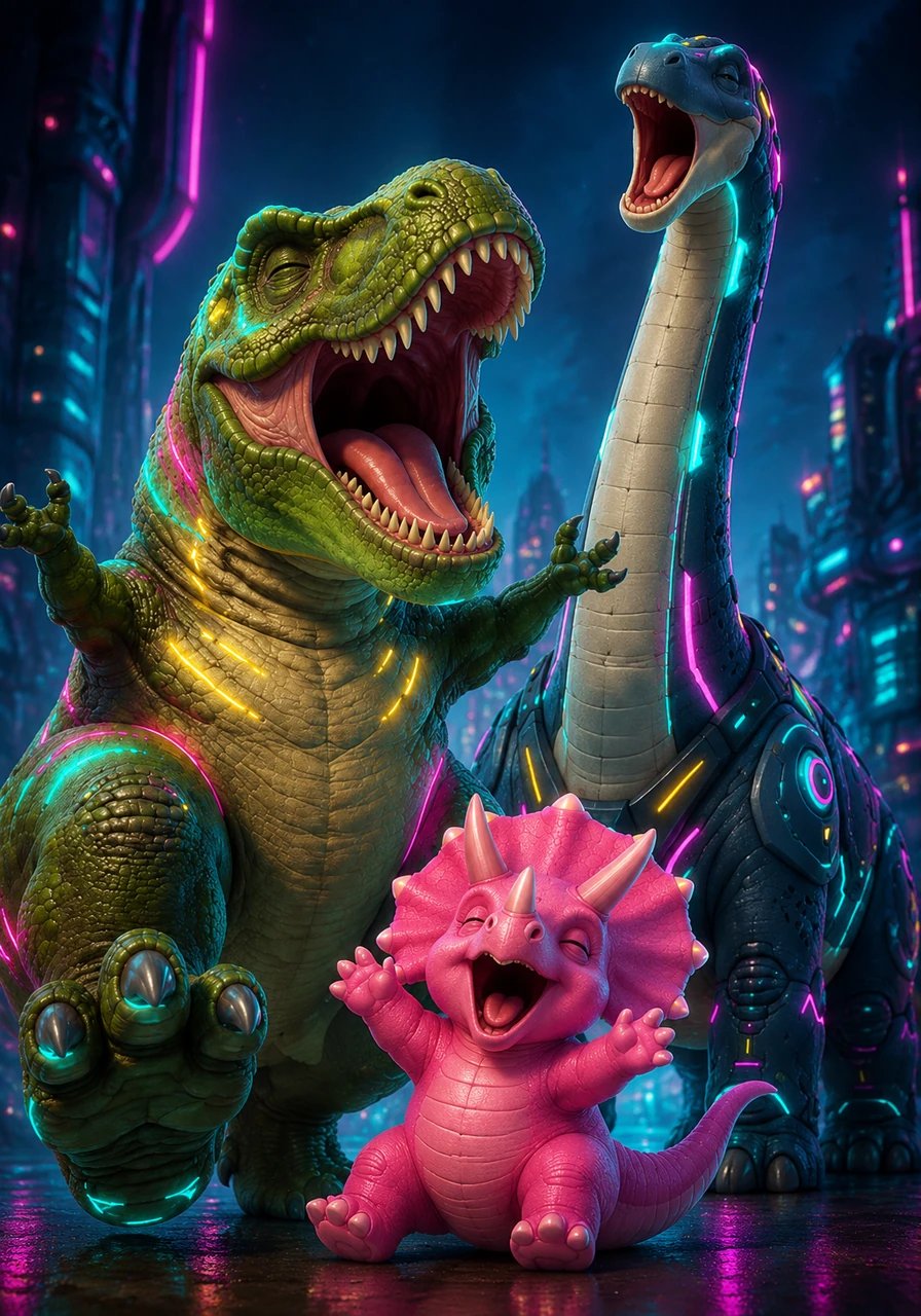 After all that running, everyone starts to yawn. The big dinosaurs stretch their arms, open their mouths wide, and let out a giant, sleepy roar.