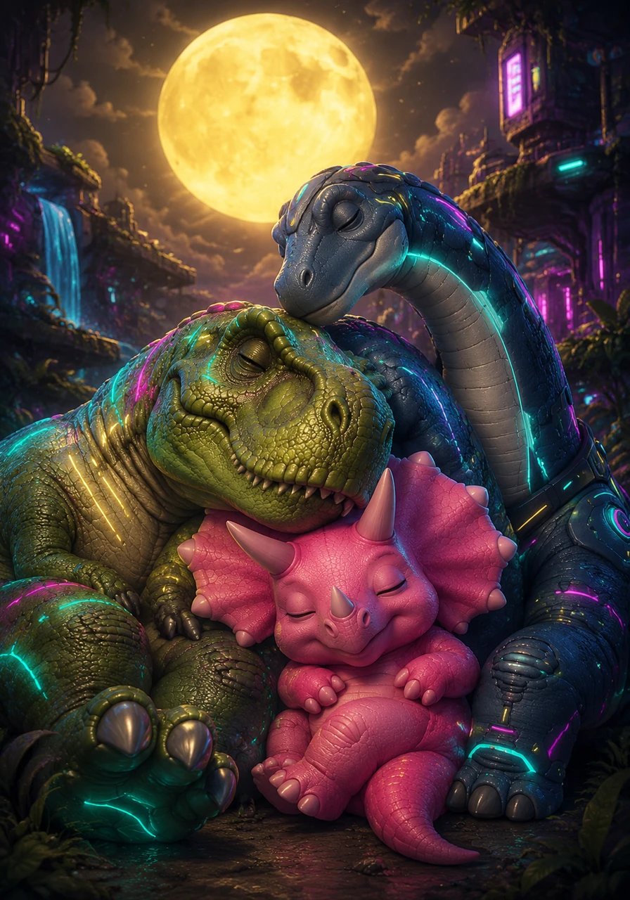 ly, the tired dinosaurs snuggle together under the glowing yellow moon. They close their eyes and dream of another day full of silly dinosaur actions.