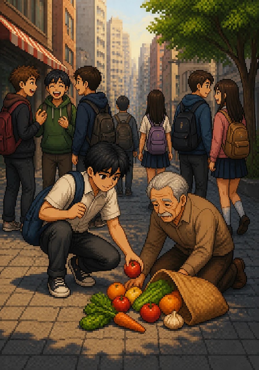 Arif walks through the bustling city streets, his head down and a backpack slung over his shoulder. While other teenagers laugh and talk in groups, he stops to help an elderly man pick up dropped groceries, unnoticed by the busy crowd.