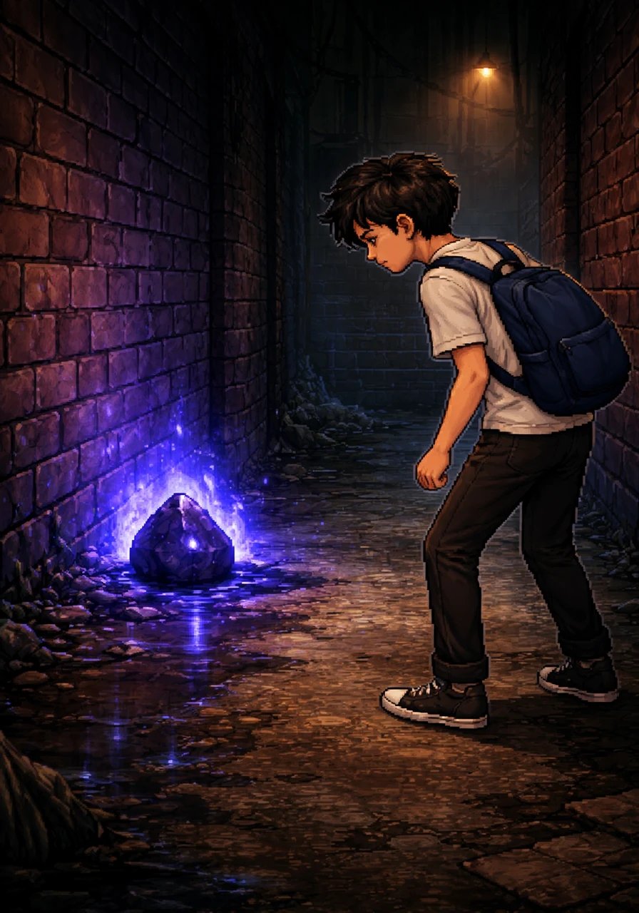One evening, a mysterious violet-blue glow catches Arif's eye from the depths of a narrow, brick-walled alleyway. He approaches a strange, pulsing black stone resting on the damp ground, its surface shimmering like liquid ink.