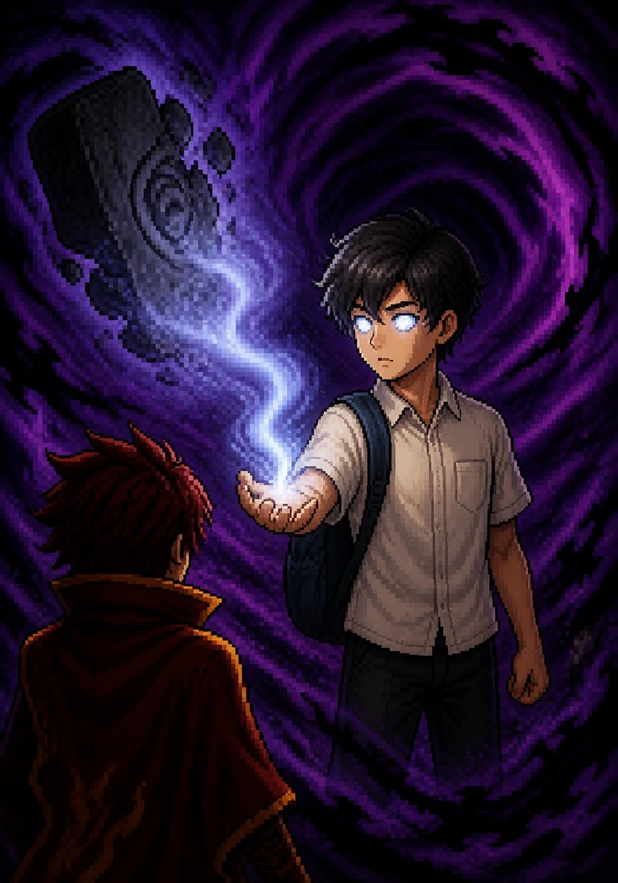 As Arif reaches out to touch the stone, it dissolves into a cool mist that flows directly into his hand, causing his eyes to glow with a soft silver light. The world around him suddenly dissolves into a swirling vortex of deep purple and black shadows.