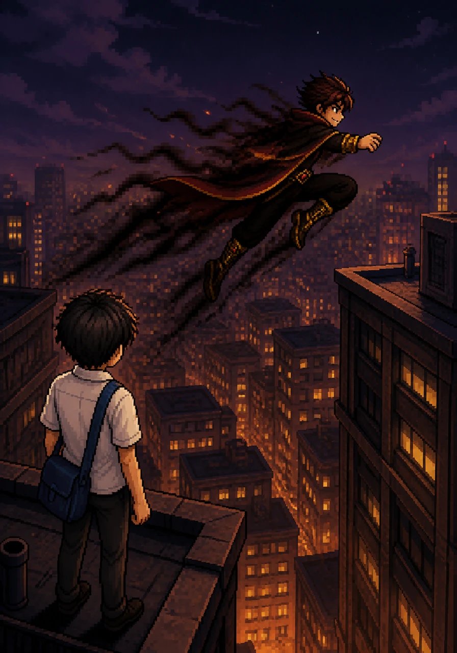 Arif stands atop a high rooftop, looking down at the city lights with newfound wonder and a sense of power. He leaps effortlessly across a wide gap between buildings, his body trailing wisps of dark smoke as he realizes he can move through the shadows themselves.