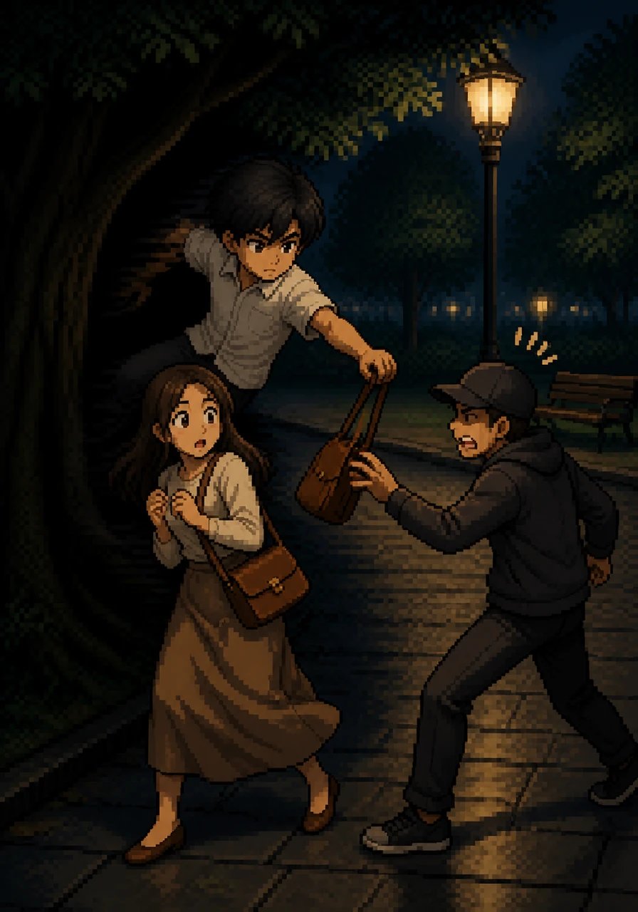In a dark corner of a park, a thief tries to snatch a woman's purse, but Arif emerges instantly from a nearby shadow. With a swift, silent movement, he retrieves the bag and leaves the thief bewildered as he vanishes back into the darkness before the woman can even see his face.