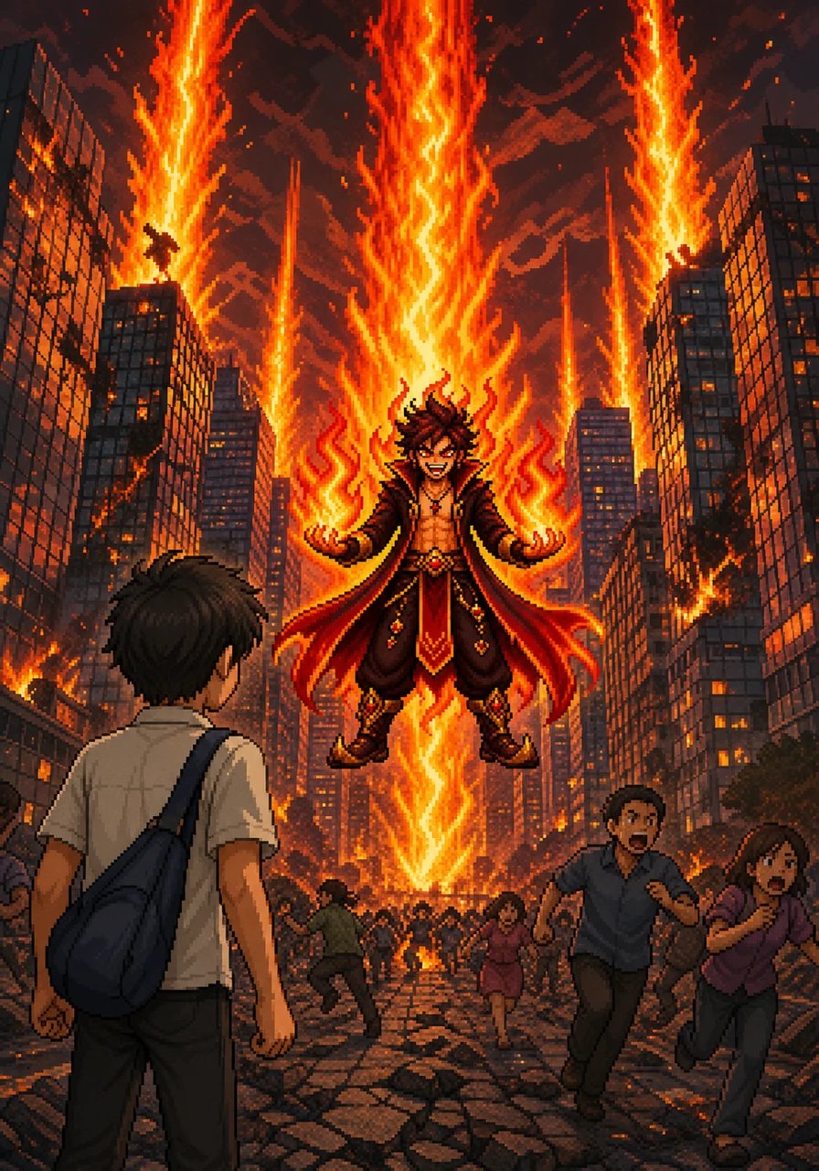 A terrifying new threat arrives as Karo, a villain with eyes like burning coals, conjures massive pillars of fire in the city center. Panic spreads through the streets as the orange glow of the intense flames reflects off the glass skyscrapers.