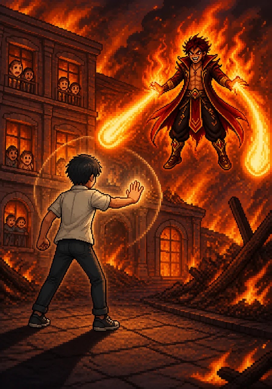 Arif stands bravely before Karo amidst the smoke and heat, his dark shadow stretching out to meet the flickering firelight. While the villain laughs and hurls bolts of orange flame, Arif prepares to use his powers to protect the trapped citizens inside the burning building.