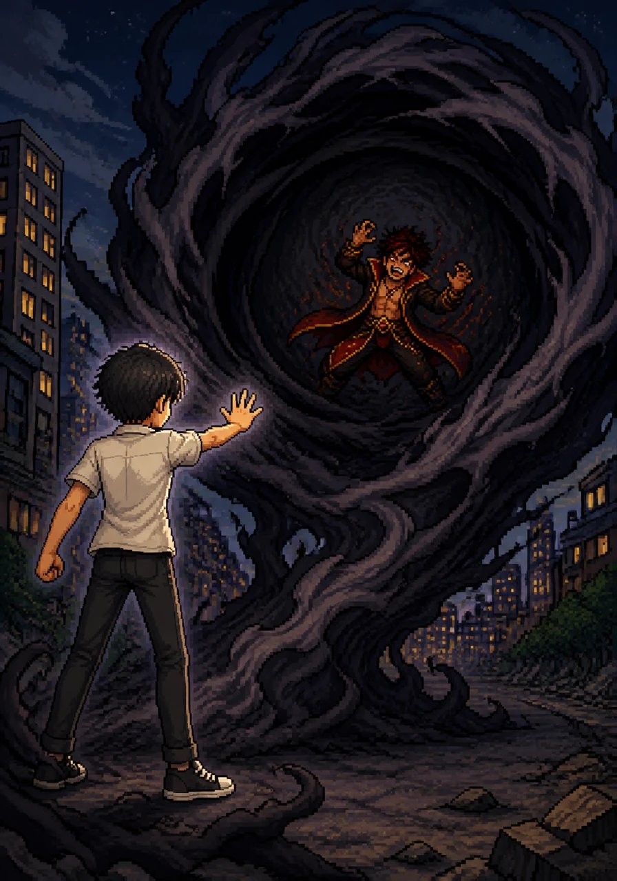With a surge of focus, Arif commands the shadows to rise like a giant wall, swirling into a powerful vortex that traps Karo in a cooling dark circle. The intense flames are snuffed out by the swirling shadows, leaving the city safe and the villain defeated.