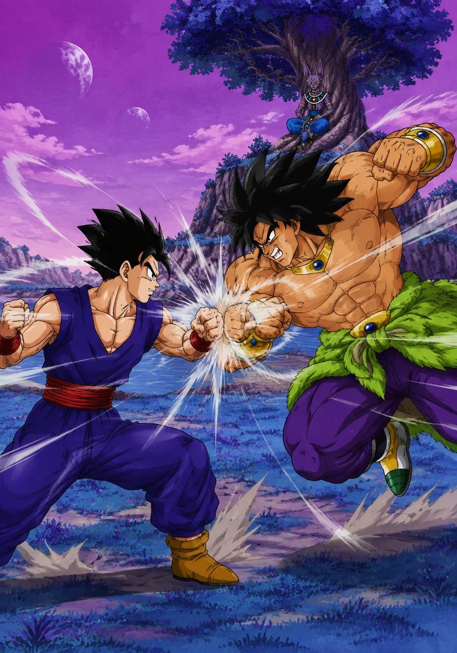 Under the purple sky of Beerus' planet, two powerful warriors face each other in intense combat. The calm-looking Gohan and the hulking Broly clash in their base forms, their fists sending shockwaves through the air. Lord Beerus watches with a sly grin from his distant tree, seemingly entertained by the display of strength.