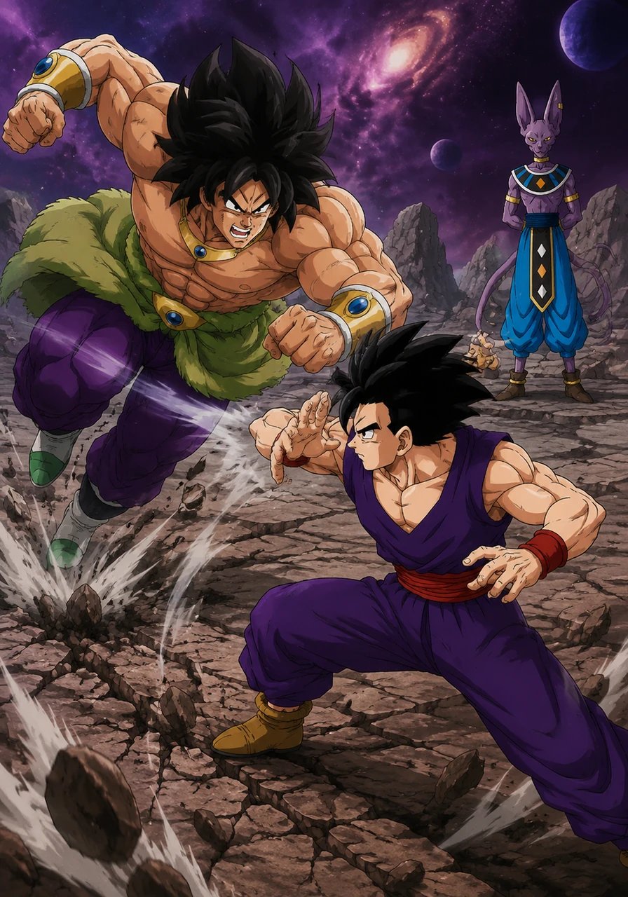 The sparring continues with relentless speed, a blur of movement and sound on the alien landscape. Broly lunges forward with unstoppable force, but Gohan skillfully maneuvers, anticipating each strike with precise agility. The ground cracks beneath their feet as they trade blows, neither yielding an inch to the other.