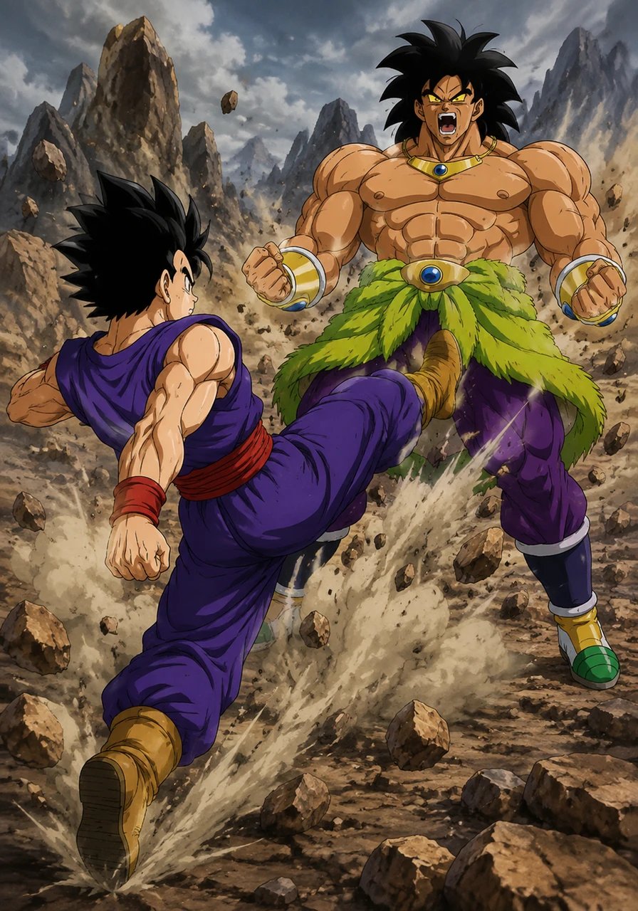 Gohan connects with a powerful kick, pushing Broly back across the rocky terrain. Instantly recovering, Broly roars, his eyes flaring with primal energy as his massive strength asserts itself. Gohan meets the intense gaze with focused determination, bracing himself for the legendary Saiyan's next move.