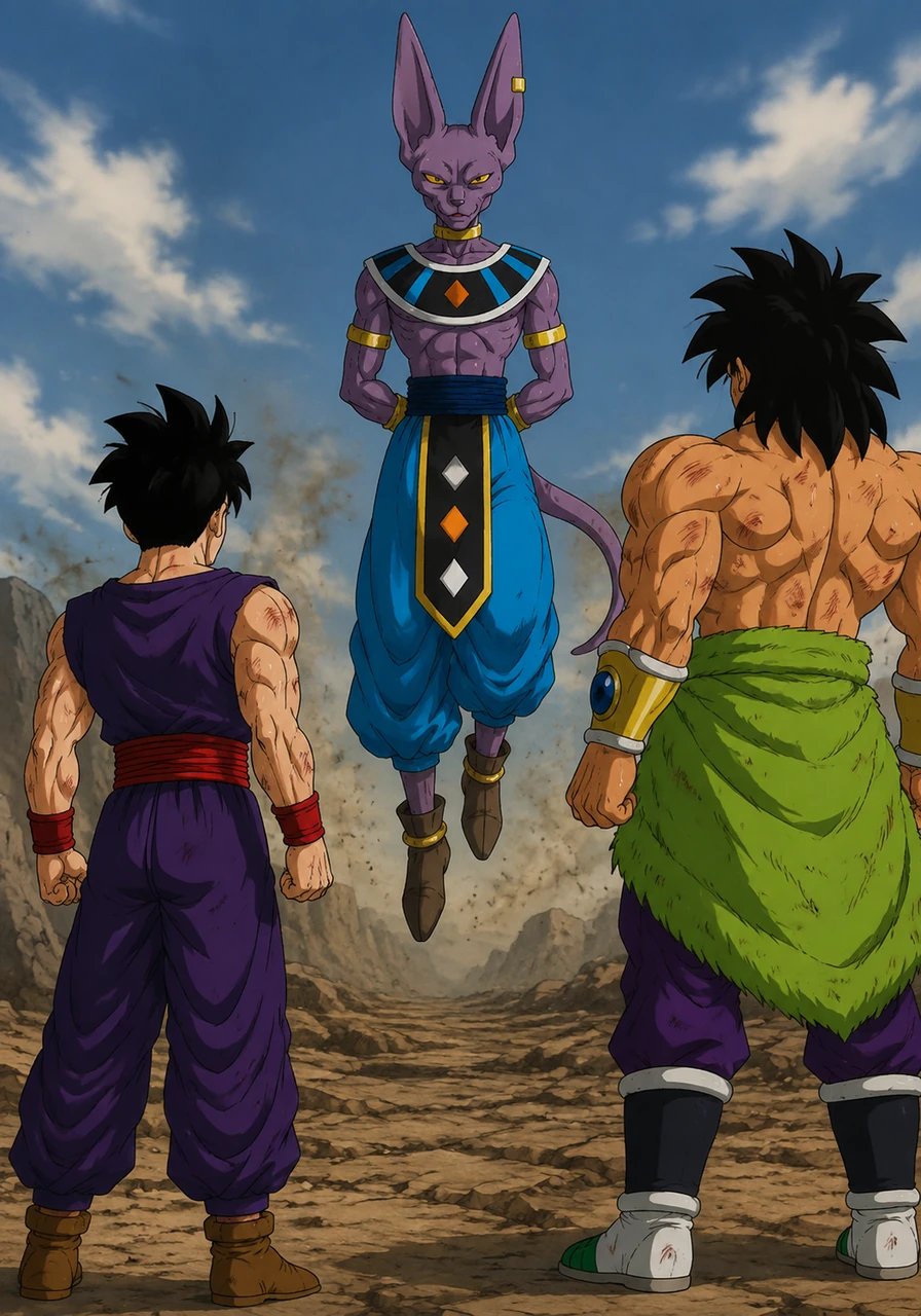 Intrigued by the battle, Beerus descends from his perch and approaches the fighters with a casual yet regal air. "Your progress is remarkable, especially you, Gohan," Beerus commends, offering a rare compliment. He then nods towards Broly, acknowledging the immense, untamed power he possesses.