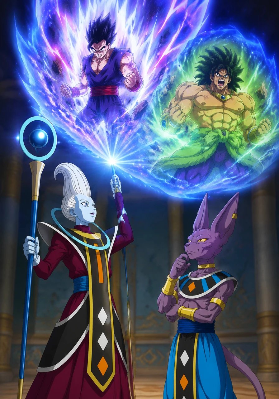 Using his staff, Whis projects an energy illusion showing Gohan engulfed in a fierce aura, nearly losing control during a past battle. He explains that Gohan's dependency on intense anger to tap into his ultimate power can cloud his strategic thinking. He then shows an image of Broly succumbing to uncontrollable rage, highlighting his struggle with containing his chaotic, immense energy.