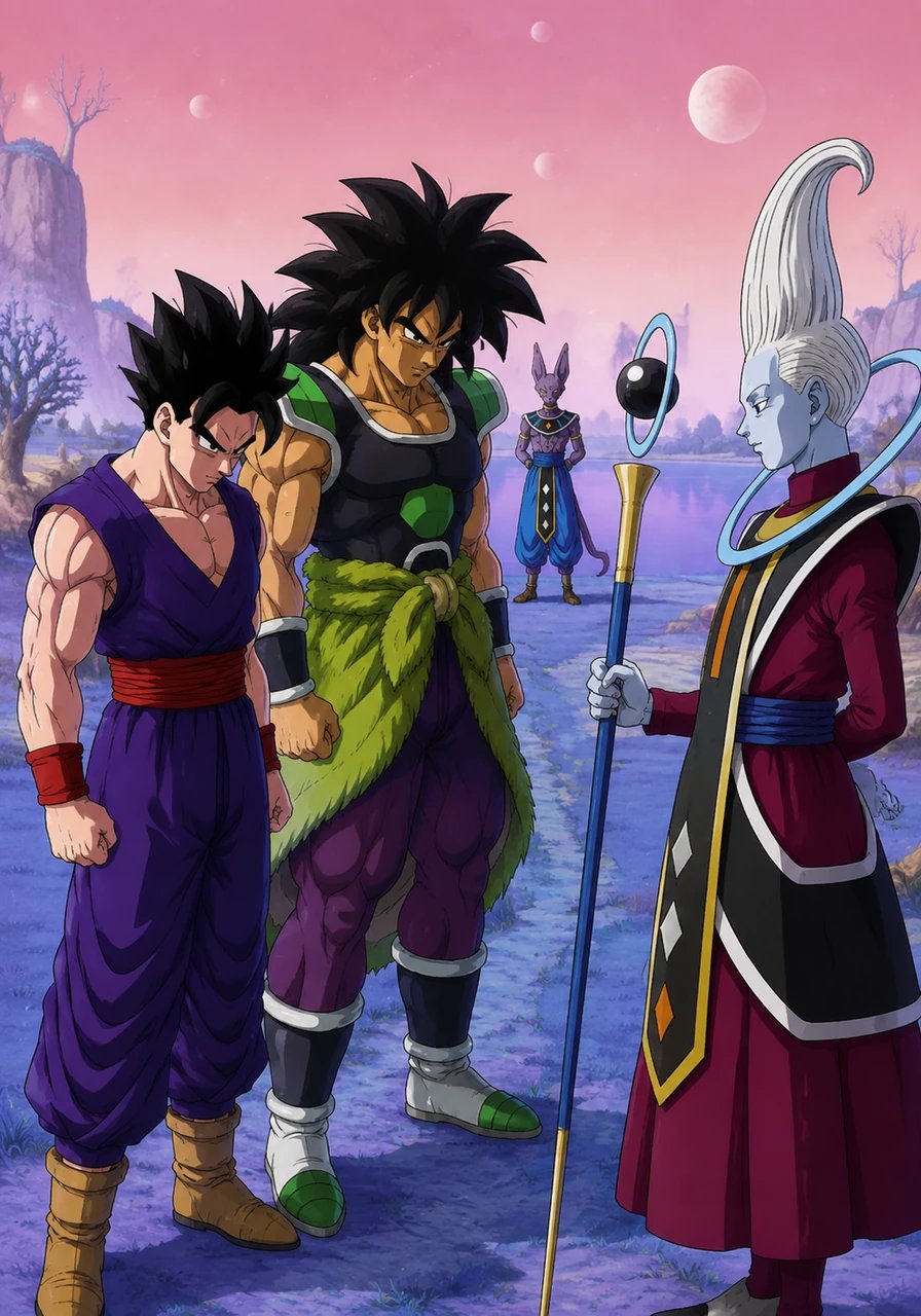 Gohan and Broly stand silently, processing Whis' insightful analysis of their fighting styles. Gohan reflects on the danger of letting rage dictate his actions, while Broly understands the risk of his legendary form overriding his reason. They realize they have much more to learn than just physical strength.