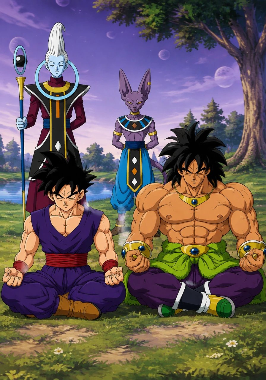 The fierce warriors transition from physical combat to seated meditation under Whis' guidance. Cross-legged with closed eyes, Gohan and Broly strive to find stillness within themselves, concentrating purely on the flow of their internal energy. Beerus watches from a distance, looking slightly impatient but also curiously observant.
