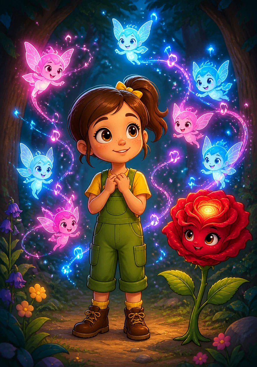Lily remembered a lullaby her grandmother used to sing and began to hum the sweet, simple melody into the stillness. As the notes drifted through the trees, the sprites began to glow with vibrant blues and pinks, dancing joyfully around her head.