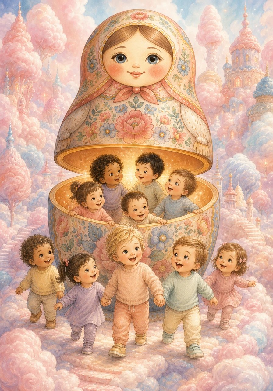 A Matrioska abre-se completamente e convida os nove bebés a entrar num mundo mágico feito de nuvens de algodão-doce e tons pastéis. De mãos dadas e com sorrisos curiosos, as crianças dão os primeiros passos dentro deste reino encantado, prontas para começar a grande busca pelo Coração da Amizade.