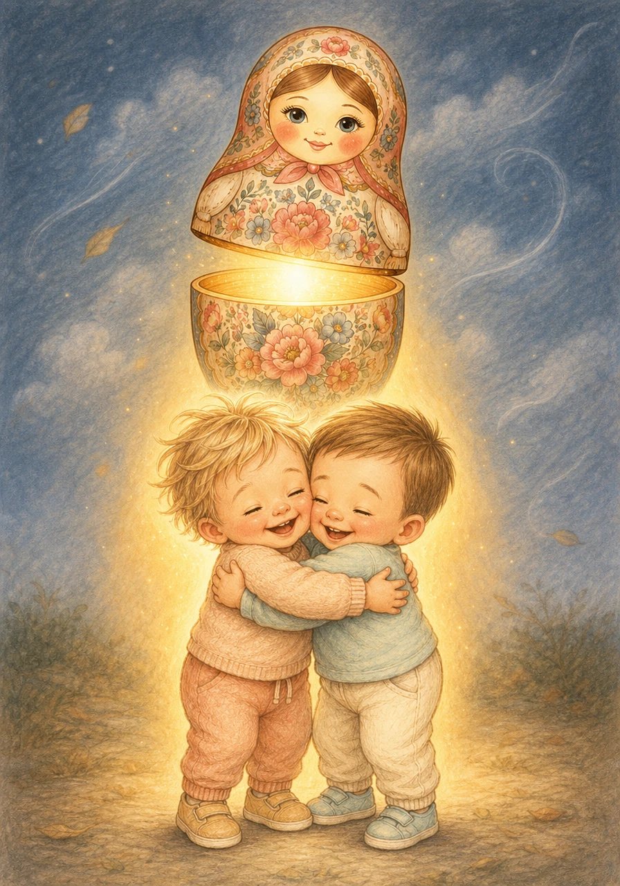 O vento começa a soprar um pouco mais fresco e os bebés aconchegam-se uns aos outros num abraço coletivo muito quentinho. A Matrioska mágica flutua suavemente acima deles, espalhando uma luz dourada e reconfortante que afasta todo o frio e enche os corações de pura ternura.