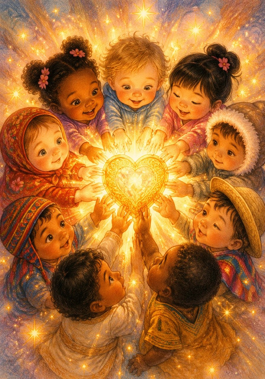 Com muito cuidado, todos os nove bebés esticam as mãozinhas juntos para alcançar o maravilhoso Coração da Amizade. No momento em que lhe tocam, uma onda de luz calorosa e estrelas cintilantes espalha-se por todo o cenário, celebrando a união e o amor puro do grupo.