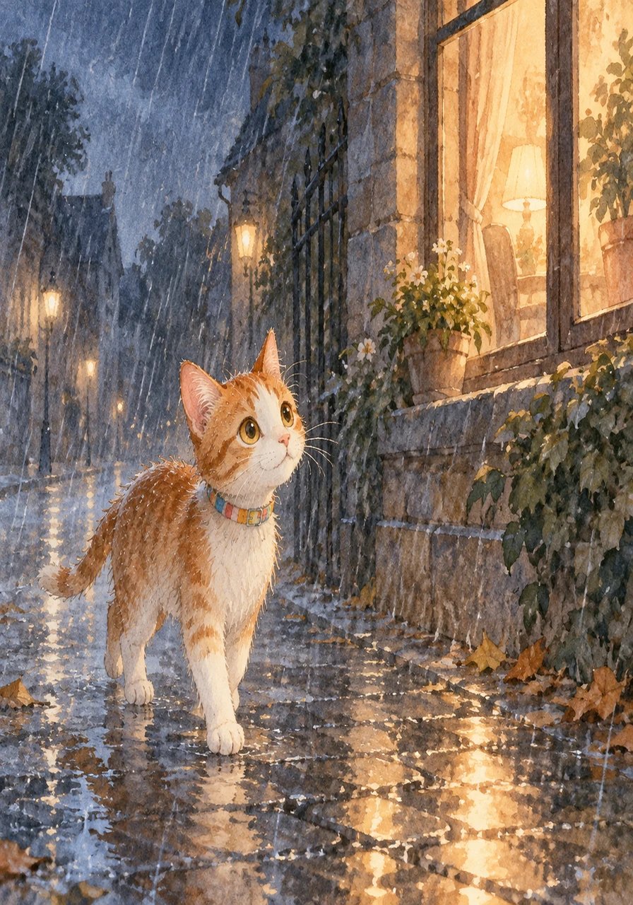 Barnabé, un petit chat errant au pelage roux et blanc, cherchait un endroit chaud où s'abriter par une soirée de pluie battante. Traversant la rue déserte, il aperçut une lumière douce briller à la fenêtre d'une maison accueillante.