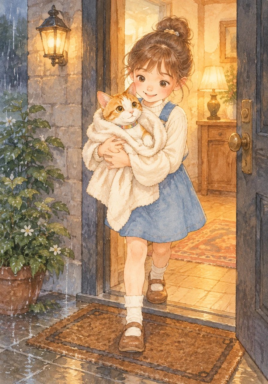 La porte s'ouvrit doucement et une petite fille nommée Lily le découvrit tremblant sur le paillasson. Avec un sourire bienveillant, elle l'enveloppa dans une serviette moelleuse et le porta à l'intérieur auprès de toute sa famille.