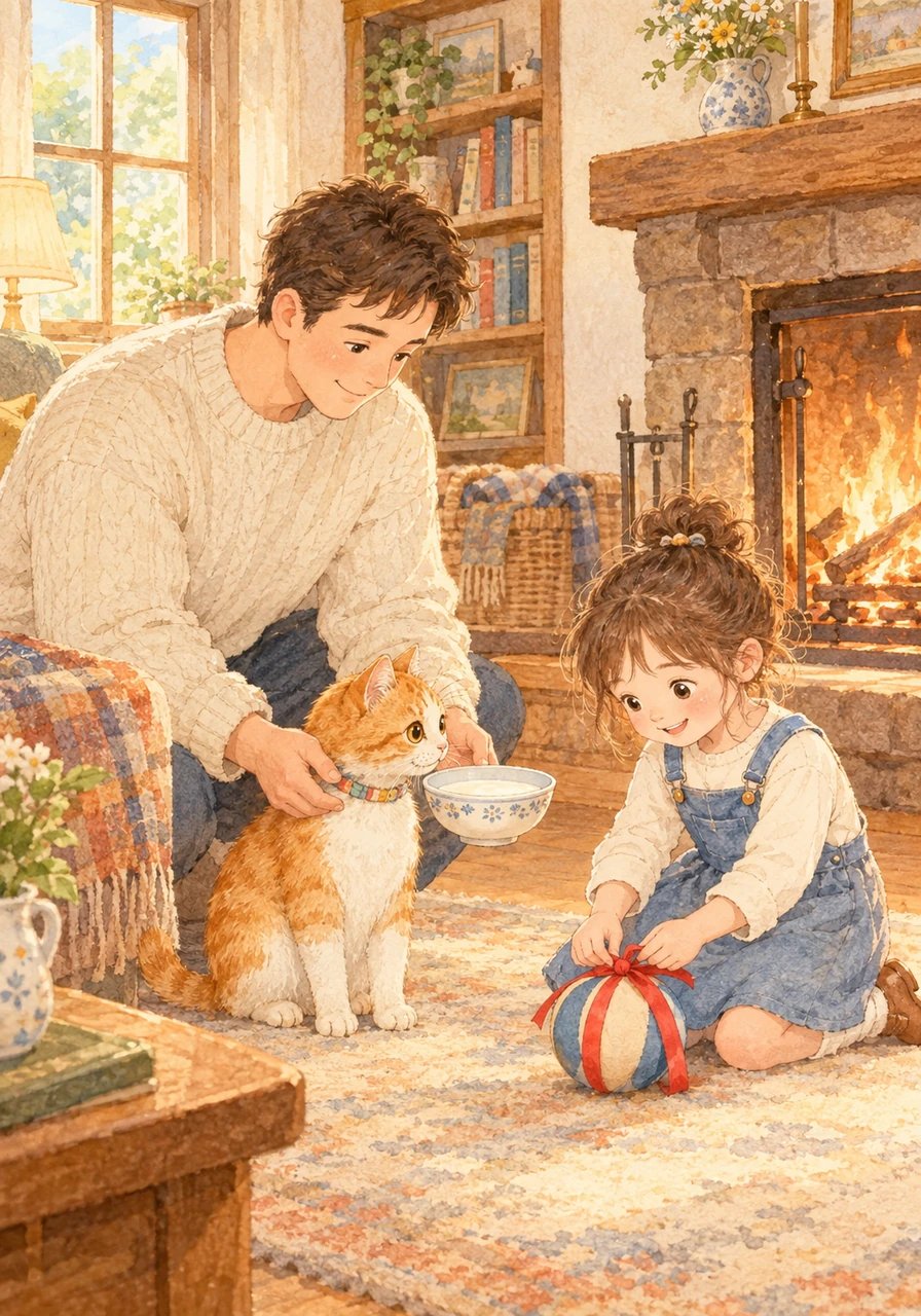 Barnabé découvrit un salon chaleureux où crépitait un feu de cheminée. Le père lui servit un bol de lait tiède tandis que le petit frère accrochait un ruban joyeux autour d'une balle pour jouer avec lui.