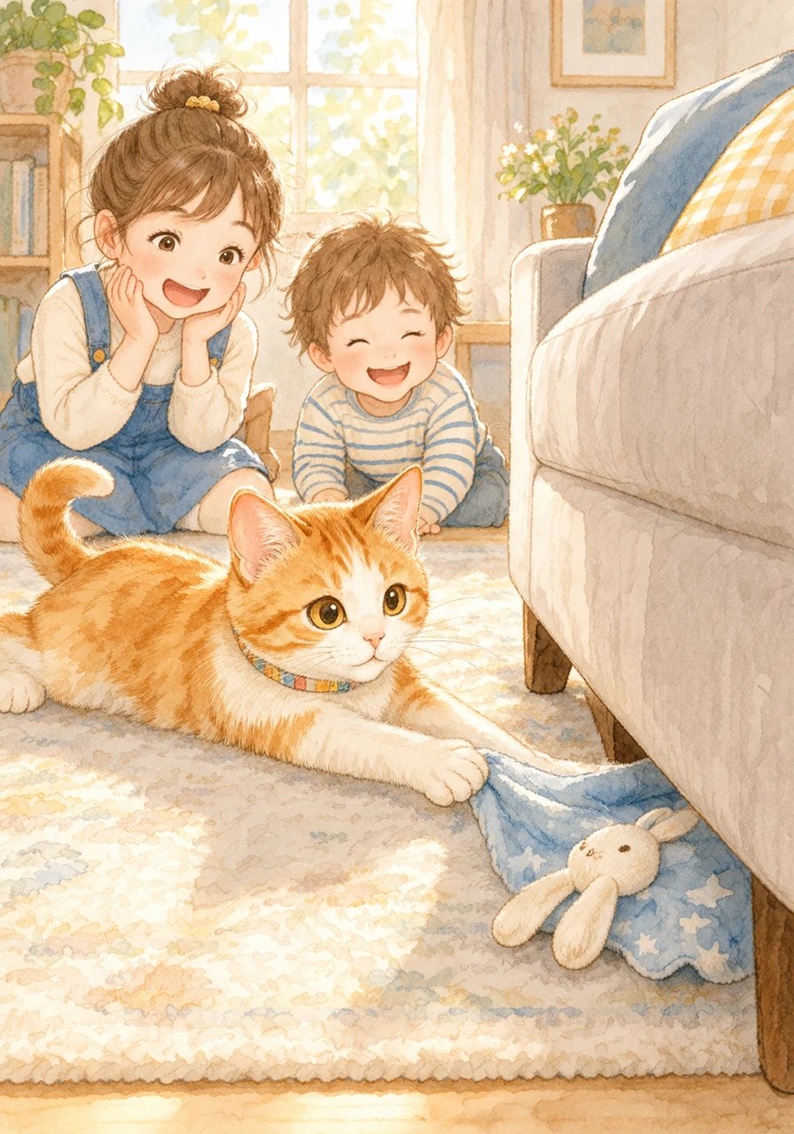 Un après-midi ensoleillé, le jeune frère perdit son doudou préféré sous le grand canapé. Grâce à sa finesse et sa souplesse, Barnabé le glissa dehors avec sa patte, faisant naître de grands éclats de rire.