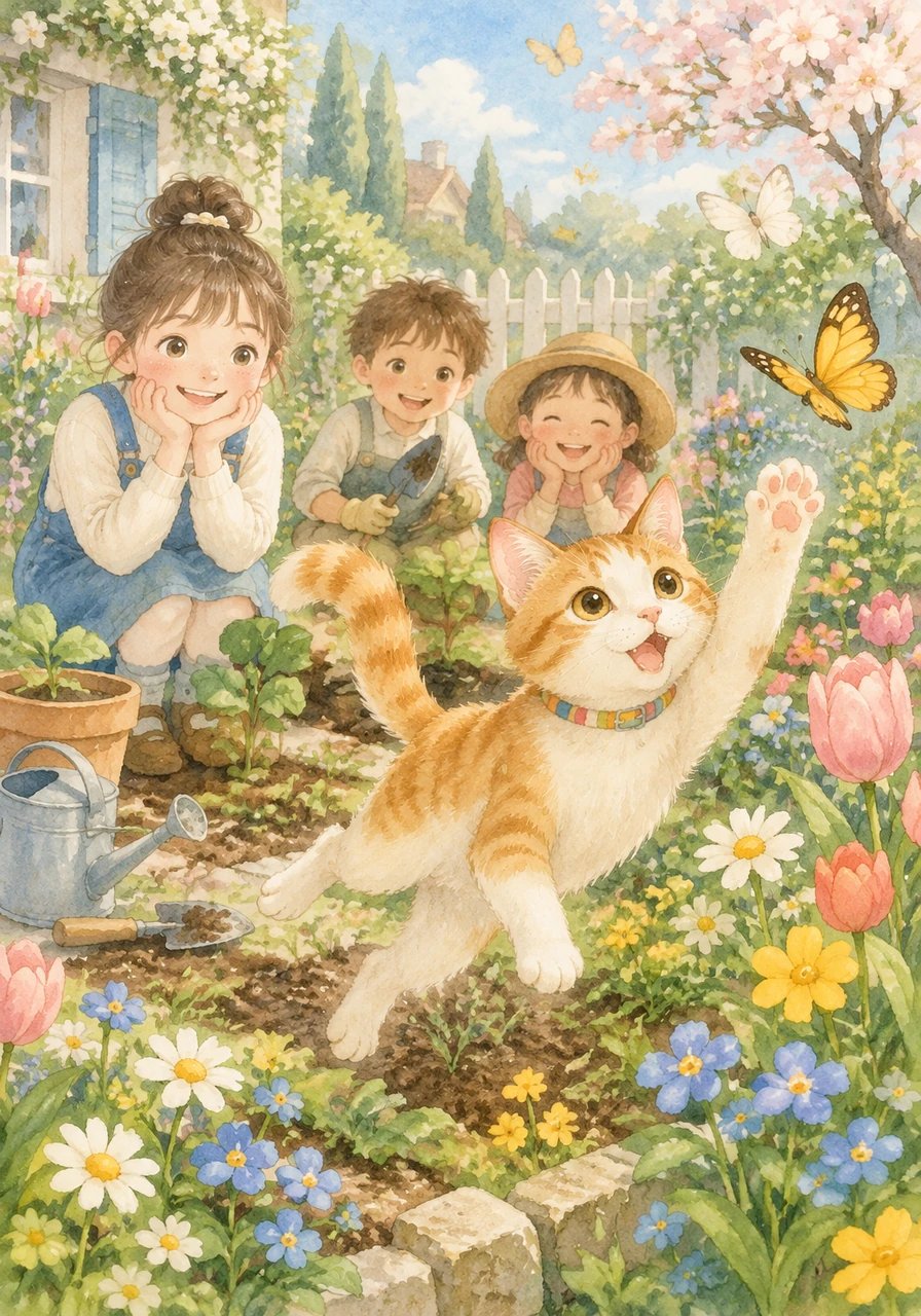 Lorsque la famille préparait le jardin pour le printemps, Barnabé sautillait joyeusement entre les fleurs et chassait les papillons, sous le regard amusé des enfants.