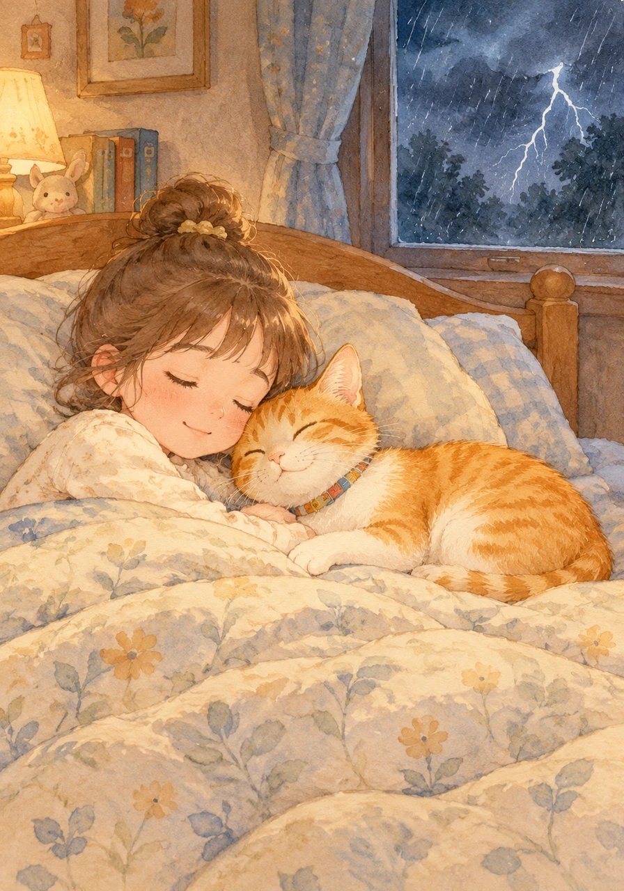 Un soir d'orage effrayant, les enfants se blottirent dans leur lit avec appréhension. Barnabé sauta doucement sur la couette et ronronna très fort pour les rassurer jusqu'à ce qu'ils s'endorment paisiblement.