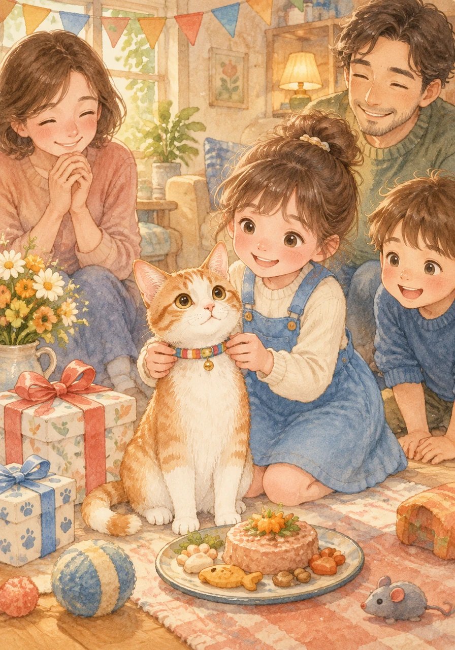 Pour fêter le premier anniversaire de son arrivée, la famille organisa une petite fête spéciale pour Barnabé, garnie de friandises savoureuses et d'un nouveau collier coloré.